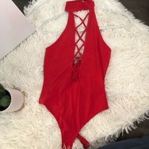 EXPRESS red bodysuit with lace-up style front